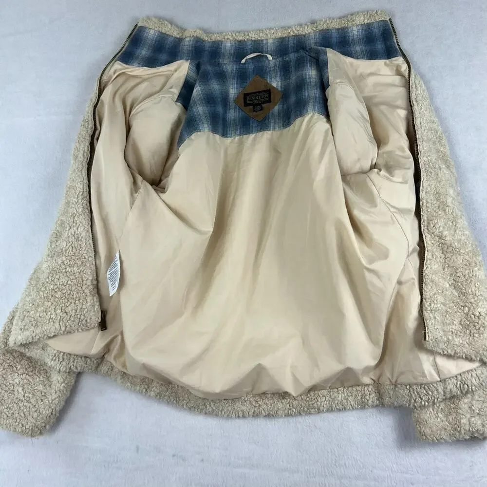 Pendleton Fleece Sherpa Jacket Women's XL Tan Acrylic Plaid Detail